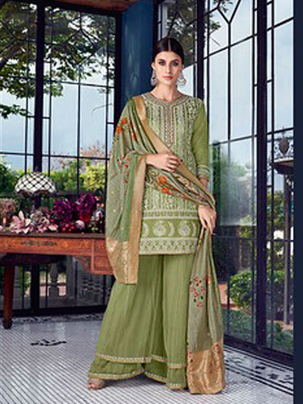 Lakhnavi Embroidery Sharara Silk Suit - Heer Fashions