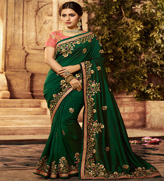 Buy Heer Fashion Women's Banarasi Silk Saree with Blouse Piece (Green &  Gold) - HRFS_184 Rama at Amazon.in