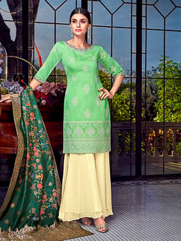 Lakhnavi Embroidery Green Silk Suit - Heer Fashions